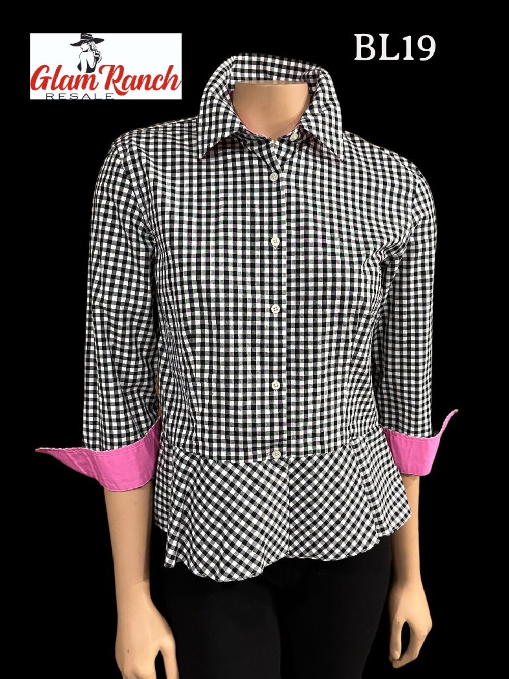 VGC LRL Ralph Lauren Black & White Gingham Checkered Peplum Button Down Top SZ 8
